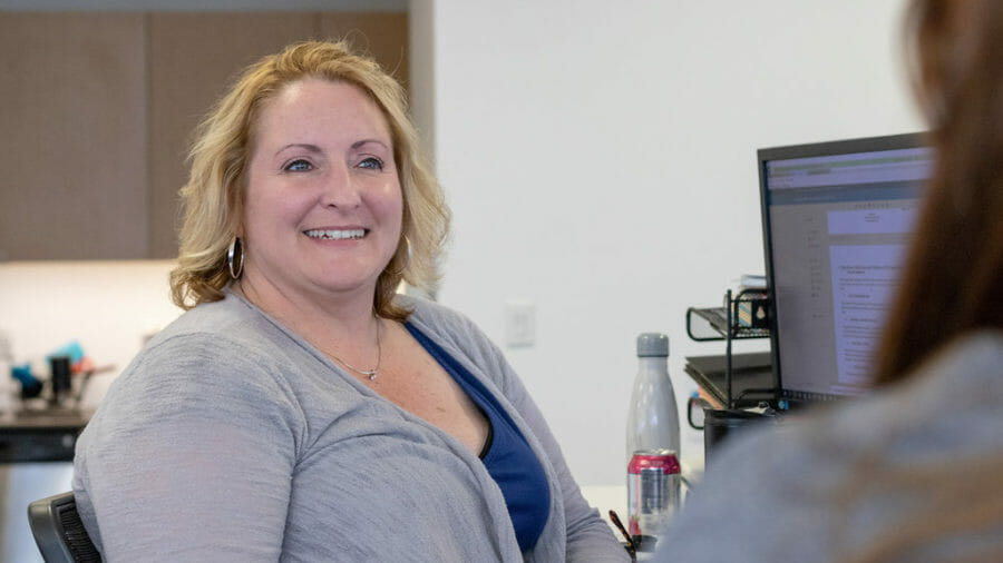 woman interviewing at computer