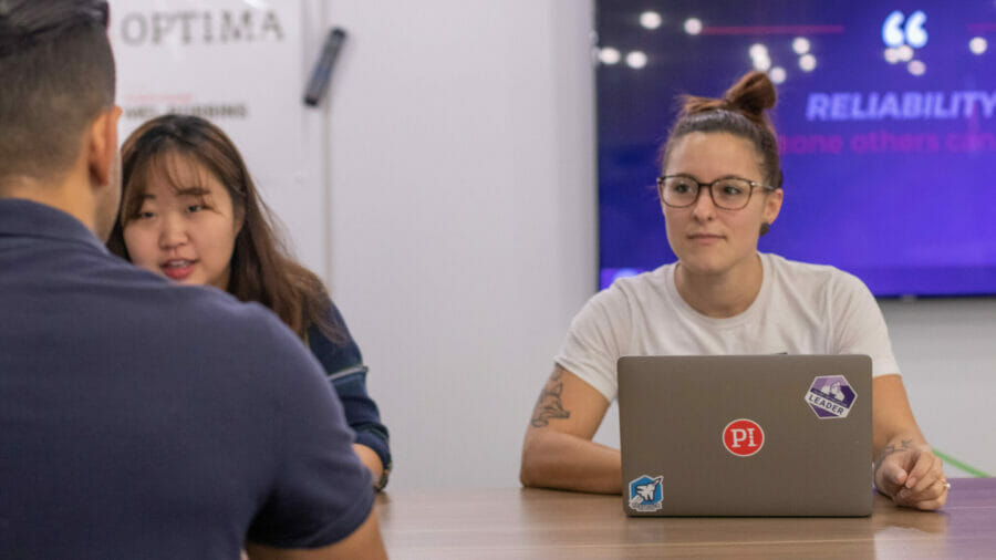 A group of people collaborating to discover their business team type.