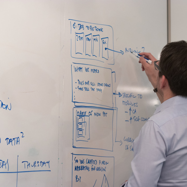 Employee working on white board